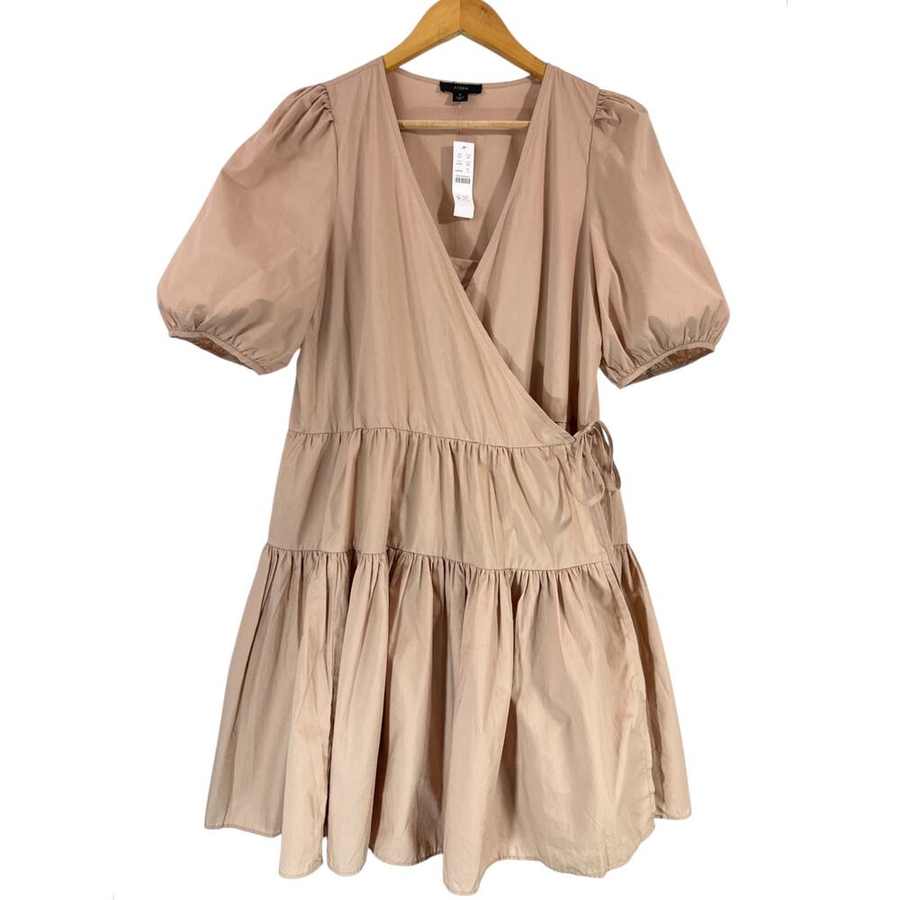 NWT J.Crew Puff Sleeve Cotton Poplin Wrap Dress Tan Natural Size S